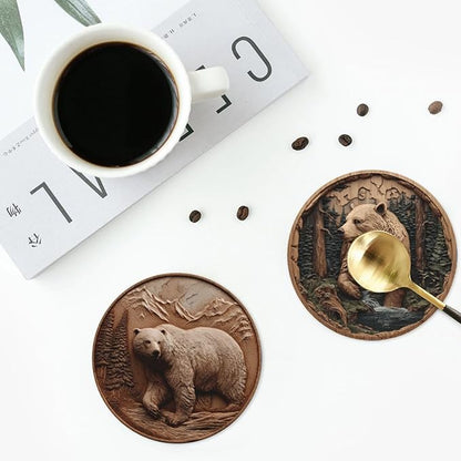 Bear Coasters for Drinks with Holder Round Leather Coasters Set of 6 Cups Mugs Mat Pad for Home Kitchen Bar