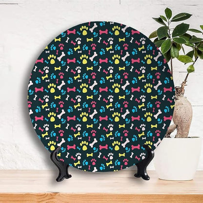 Decorative Plates, Dog Lover Print Ornament, Cool Canine Elements Paw Marks and Bones, 10 Inch, 1 Plate with 1 Display Stand, Multicolor