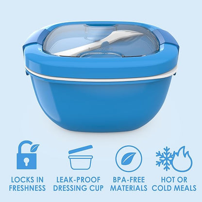 Bentgo Salad Container - 54 oz Bowl with 4-Compartment Toppings Tray, Leak-Proof Dressing Container, Reusable Fork, BPA-Free Lunch Box for Meal Prep & Food Storage; Removable Bento Tray (Blue)