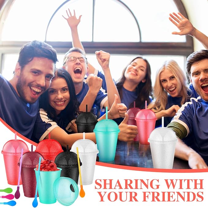 6 Set Slushie Cups with Dome Lids and Straws Detachable Spoon Straws Reusable - Image 6