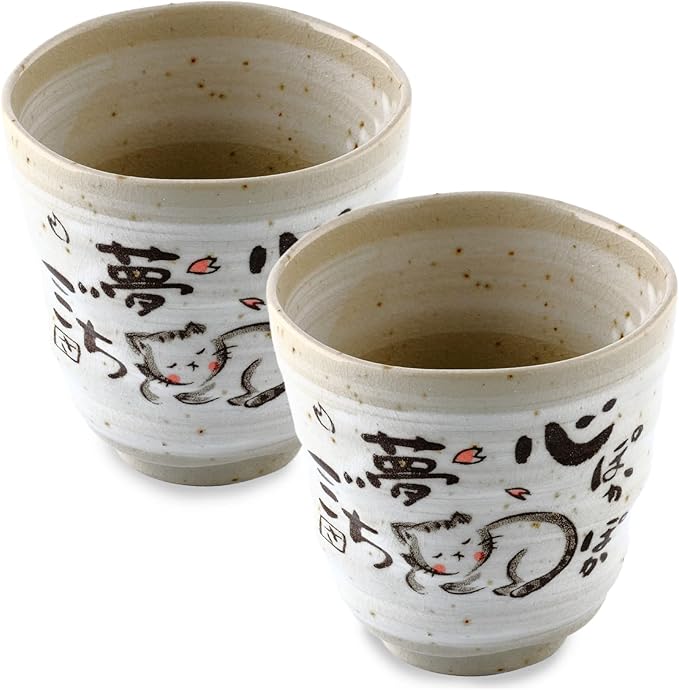 Japanese Tea Cups Handleless Coffee Mugs Cat Tea Cup 6.4 oz Set of 2 | Mino by ProductofGifuJapan