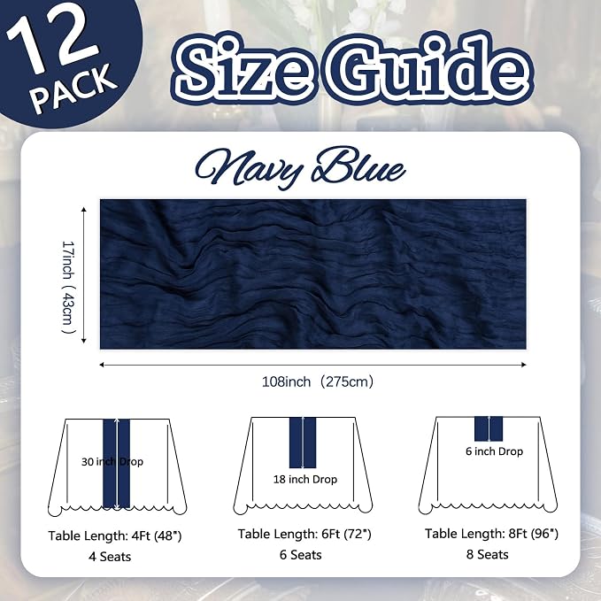 12 Pack Navy Blue Cheesecloth Table Runner 17 x 108 Inch | Boho Gauze Cheese - Image 2
