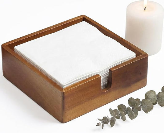 Acacia Lunch Napkin Holder 7.8 x 7.8 inches for Dining Table and Kitchen – Napkin Dispenser Made from Brown Acacia Wood – Premium Quality Feel for Dessert Beverage Party Dinner Luncheon Bar Table