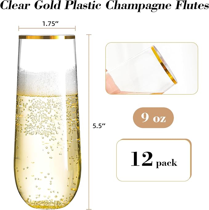 N9R 12PCS Plastic Champagne Flutes, 9 oz Disposable Stemless Mimosa Glasses | - Image 2