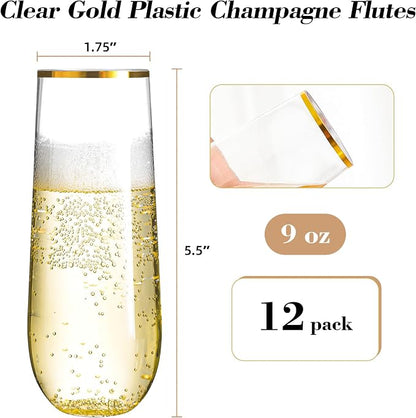 N9R 12PCS Plastic Champagne Flutes, 9 oz Disposable Stemless Mimosa Glasses | - Image 2