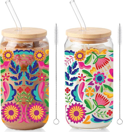 Sliner 2 Pcs Mexican Glass Cups Fiesta Cinco De Mayo Drinking Tumbler Mandala by Sliner