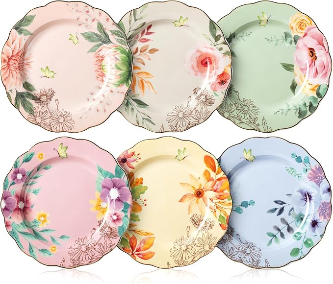 BTaT- Porcelain Floral Plates Set, 6 Pack, 8 Inch | Royal Dessert Appetizer by BrewToATea