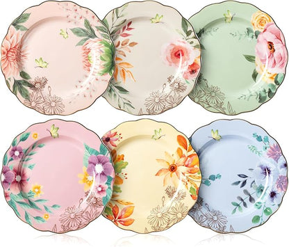 BTaT- Porcelain Floral Plates Set, 6 Pack, 8 Inch | Royal Dessert Appetizer by BrewToATea
