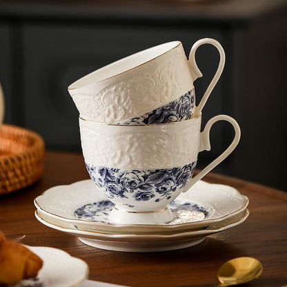TATSUMI Interglio Embossed Bone China Tea Cup and Saucer Set, 3 Pieces Vintage - Image 8