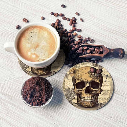 Vintage Head Skull Cup Coasters for Table Retro Floral Background Death Smile Antique Reusable Drink Coasters Set 2 Pcs Coffee Home Farmhouse Living Room Bar Decor