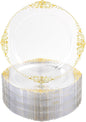 Nervure 100PCS Clear and Gold Plastic Plates - 10.25Inch Gold Disposable Plates - Heavyweight Dinner Plate for Wedding & Party