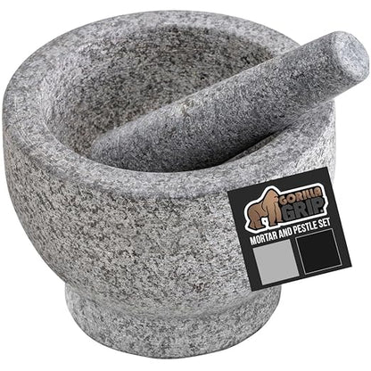 GORILLA GRIP Heavy Duty XL Mortar and Pestle Set with Slip Resistant Base, 4 Cup, 100% Granite Stone Molcajete Guacamole Bowl, Grind Seeds, Spices, Crush Garlic, Kitchen Muddler for Fresh Herbs, Gray