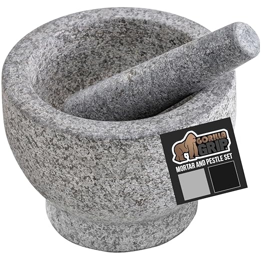 GORILLA GRIP Heavy Duty Mortar and Pestle Set with Slip Resistant Base, 2 Cup, 100% Granite Stone Molcajete Guacamole Bowl, Grind Seeds, Spices, Crush Garlic, Kitchen Muddler for Fresh Herbs, Gray