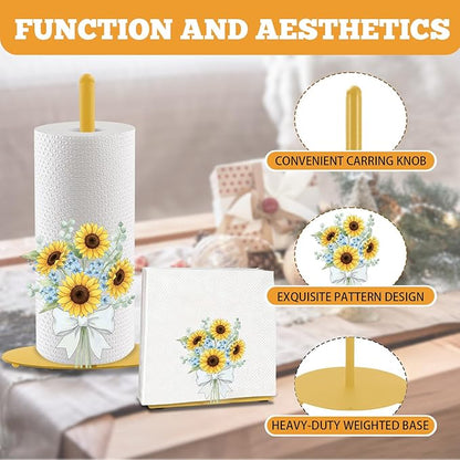 Sunflower Paper Towel Holder, Yellow Countertop Kitchen Decor Indoor with Round Base, Sunflower Lover Gift, Iron Sunflowers Napkin Holder Stand Accessories for Rustic Farmhouse Bathroom Kitchen, 2 PCS