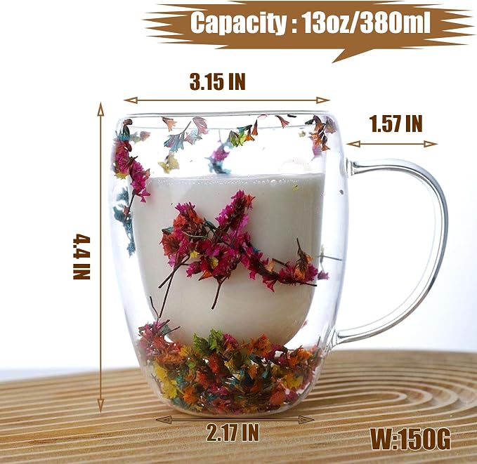 Viovian 13oz Double Wall Glass Coffee Mugs Set of 2 Insulated Glass Coffee Cups - Image 3