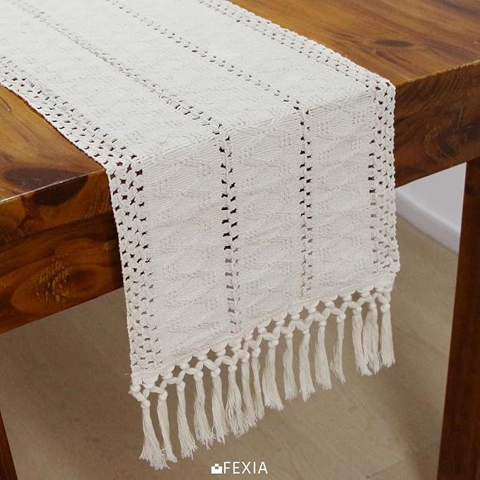 Boho Table Runner with Tassels White - Image 8