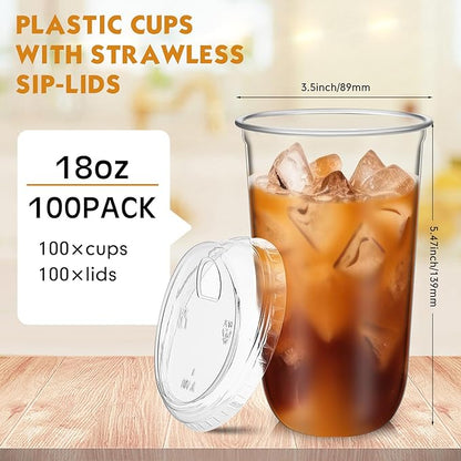 Baderke 100 Pcs Plastic Cups with Sip Lids Round Bottom Disposable Plastic Coffee Cups with Lids Clear Strawless Crystal Mugs for Iced Coffee Smoothie Cold Beverage Party Catering Supplies (18 oz)