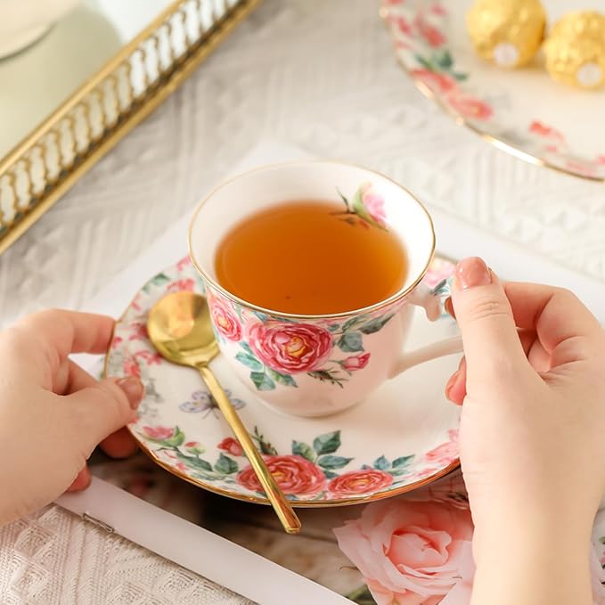 15 Piece British Bone China Tea Cup Sets, Elegant red Rose Pattern, Cups and - Image 3