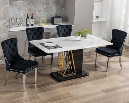 KCC Velvet Dining Chairs Set of 6, Upholstered High-end Tufted Dining Room Chair with Nailhead Back Ring Pull Trim Stainless Steel Legs, Contemporary Nikki Collection Modern Style for Kitchen, Black