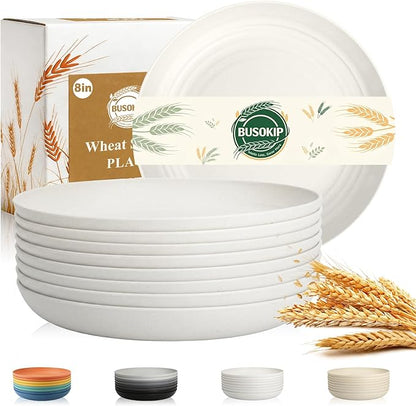 Wheat Straw Plate 8 Inch, Kids Plates Set of 8, Unbreakable Kitchen Plates by BUSOKIP