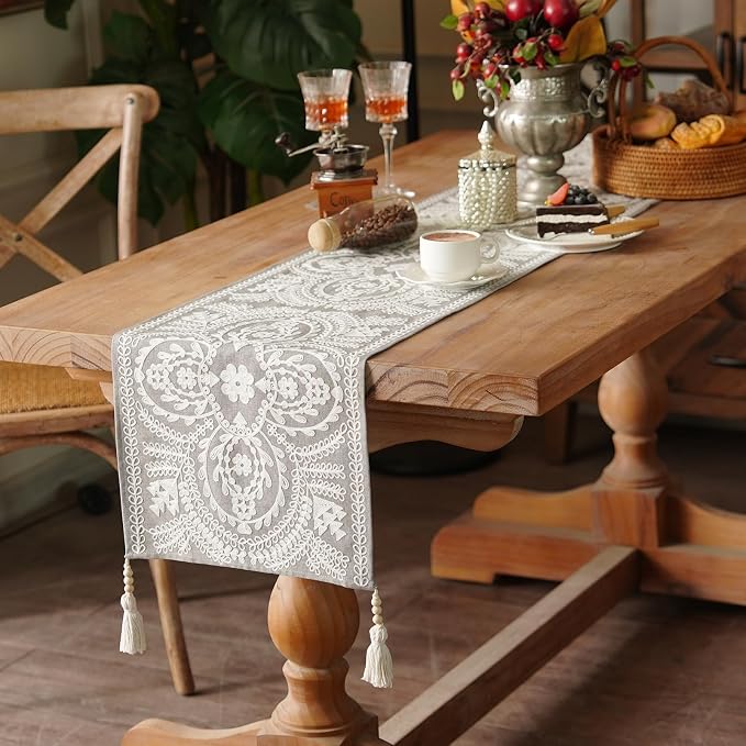Long Table Runner Embroidered Rustic Dresser Runner, 4 Tassel Pendants - Image 3