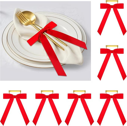 Riceshoot Velvet Bow Napkin Rings Bows with Gold Semicircle Metal Napkin Ring Velvet Bow Holder for Wine Bottles Table Settings Candlestick Wedding Valentine's Day Dinner(Red,6 Pcs)