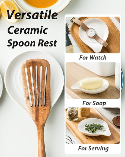 LAUCHUH Spoon Rest for Kitchen Countertop, 5 inch Ceramic Spoon Holder for Stove Top,Large Cooking Utensil Holder for Spatula, Spoons or Tongs, Framhouse Decor, White