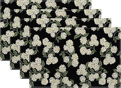 Black Placemats Set of 4 Green Hydrangea Flower Decor Place Mats 12x18 Inch Vintage Floral Spring Summer Seasonal Decorative Linen Table Mats for Kitchen Dining Party Table Decoration