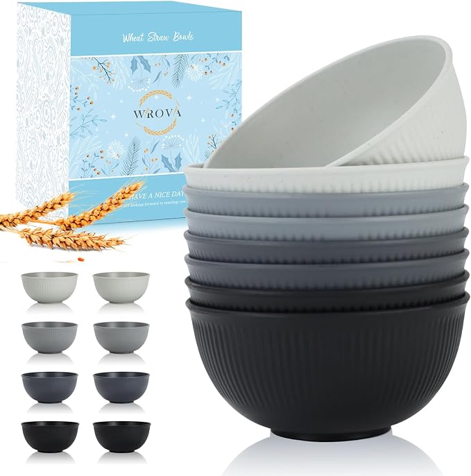 Plastic Bowls Microwave Safe, Wheat Straw Bowls Set, 26 OZ | Unbreakable Cereal by WROVA
