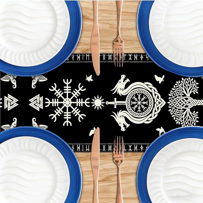Black Viking Tree of Life Raven Helmet of Awe Table Runner | Seasonal Living - Image 4