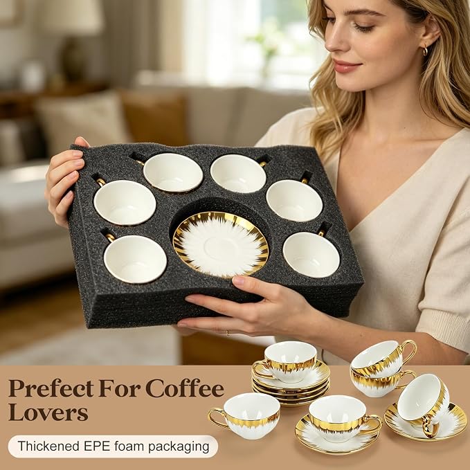 Espresso Cups with Saucers, 3.5 OZ Gold Ceramic Coffee Cup Set of 6, Demitasse - Image 7