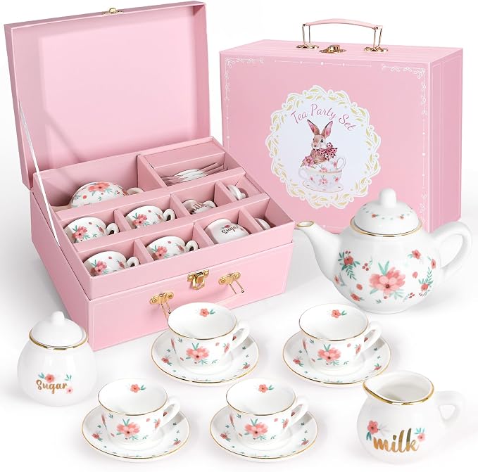 Porcelain Tea Set for Girls, Tea Party Set for Little Girls, Kids Tea Set by iAOVUEBY