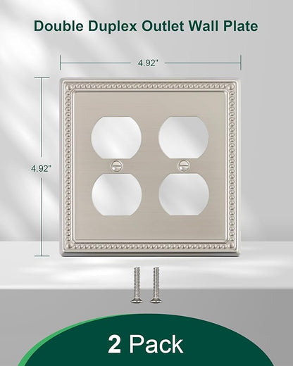 2-Pack Double Duplex Outlet Cover, Brushed Nickel Metal Switch Plates and Outlet Covers, Pearls Decorative Wall Plates for Electrical Outlets, 2 Gang Receptacle Cover, Corrosion Resistant