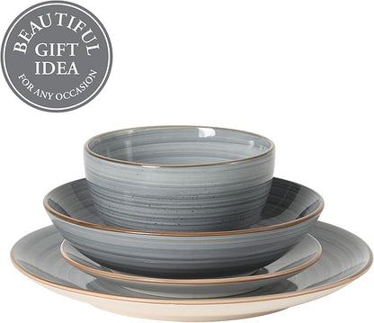 Gibson Home Stonebury 16 Piece Plates and Bowls Blue Dishes - Handpainted Stoneware Dinnerware Set - Service for 4