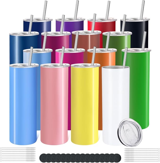 YOUKE OLA 16 Pack Skinny Tumblers 20oz Bulk Straight Stainless Steel Double by YOUKEOLA