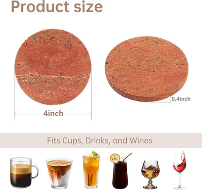 Red Travertine Coasters Set of 4, 10cm Diameter Natural Stone Coasters with Non-Slip Cork Backing, for Coffee Table Kitchen Office Decor