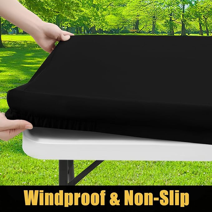 Smiry Square Picnic Table Cloth, Waterproof Elastic Fitted Tablecloths for 4 Foot Tables, Washable Polyester Table Cover for Camping, Indoor and Outdoor (Black, 42"x42")