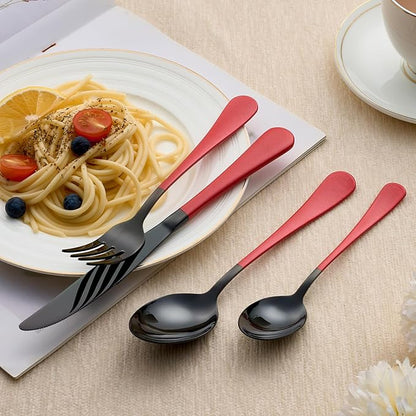 20-Piece Black and Purple Stainless Steel Flatware Set - 4 Dinner Knives, Forks, Spoons, Salad / Dessert Teaspoons - Dishwasher Safe