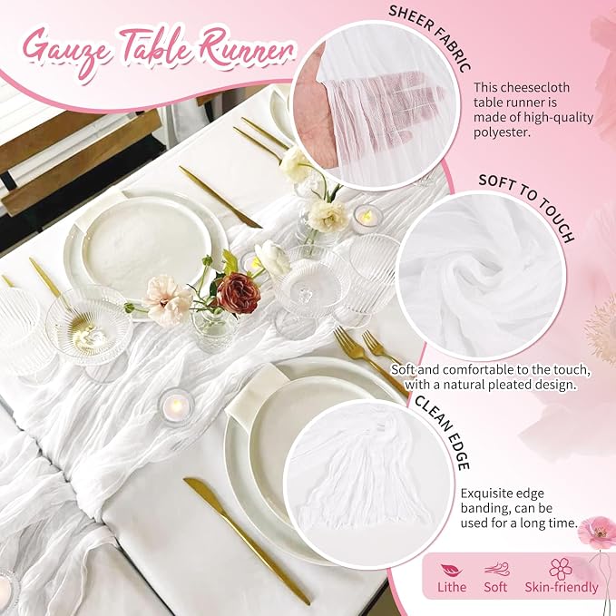 Showgeous 4 Pack White Cheesecloth Table Runner, 17 x 108 Inches | Boho - Image 3