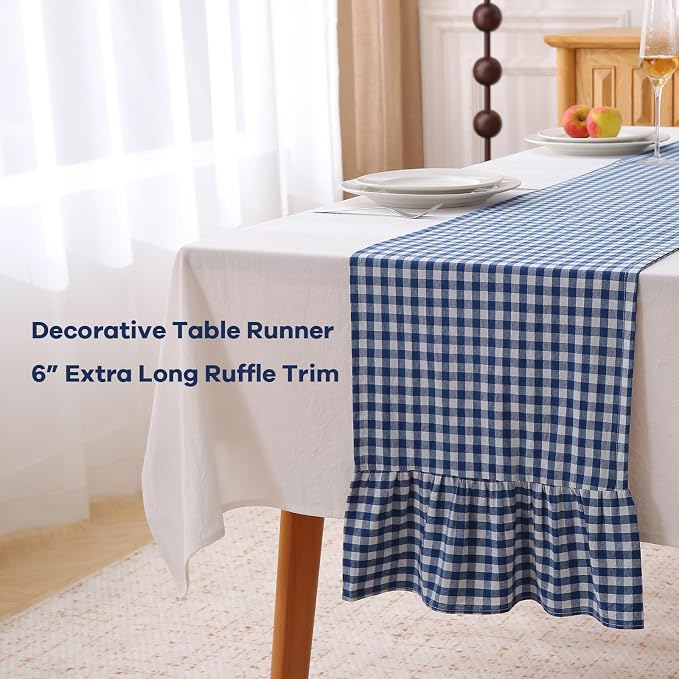 Navy Blue White Plaid Gingham Ruffle Table Runner 72 inches Long 100% Washed - Image 3