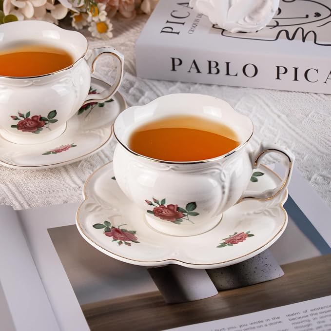 KAMMAK Tea Cups and Saucers Set of 2, 6.8 oz Porcelain Coffee Cups, 564N | - Image 2