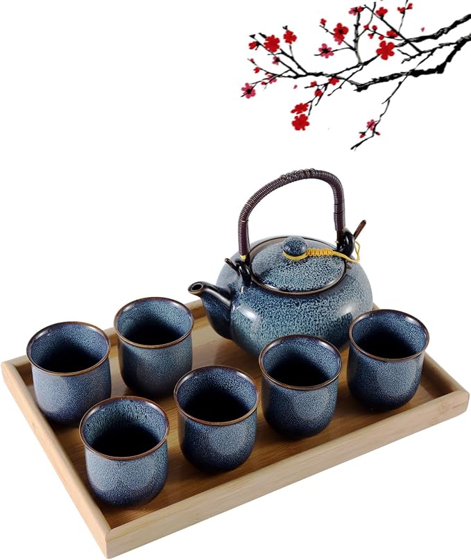 DUJUST Japanese Tea Set for 6, Kiln Altered Glaze Porcelain Tea Set by DUJUST