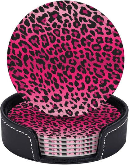 6 Pcs Pink Leopard Print Leather Coasters - Image 2