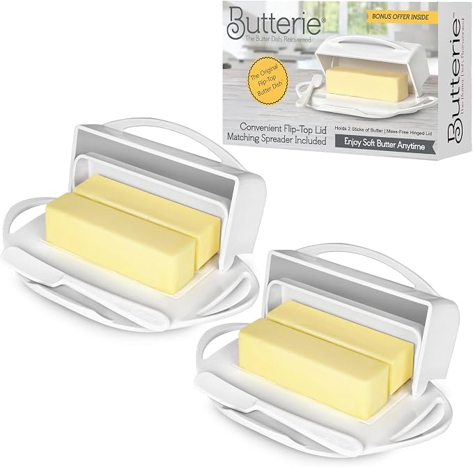 Flip Top Butter Dish with Attached Lid & Matching Knife, 2 Pack by Butterie