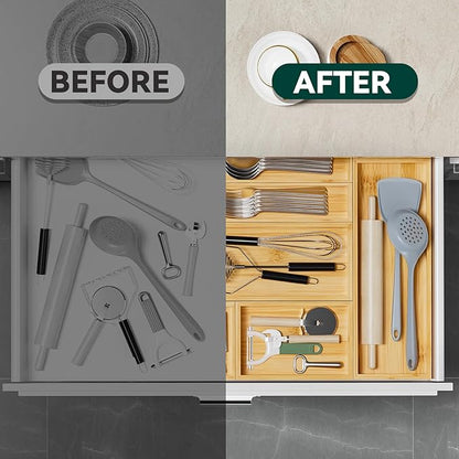 Bamboo Drawer Organizer - Silverware & Utensil Organizer, Stackable, 2 Pcs, Wooden Storage Box Tray (Bamboo, 12 X 6 X 2 Inch)