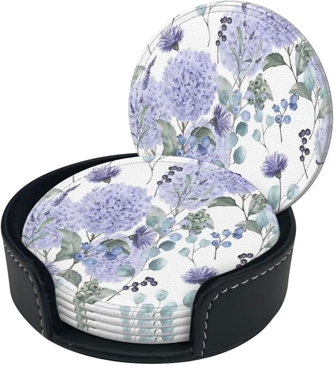 6 Pcs Blue Purple Hydrangea Flower Leather Coasters - Image 3