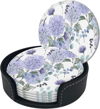 6 Pcs Blue Purple Hydrangea Flower Leather Coasters - Image 3