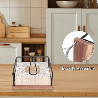 Livabber Flat Napkin Holder, Metal Kitchen Napkin Storage with Weighted Tension Arm Rustic Tissue Paper Dispenser for Countertop, Table Kitchen, Dining Room (With Wooden Base, Black)