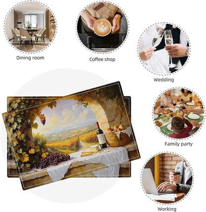 Wine Placemats Set of 6, French Country Grape Place Mats, Grapes Waterproof Washable Table Mats for Home Party Indoor Kitchen Dining Table Decoration 12x18 Inch