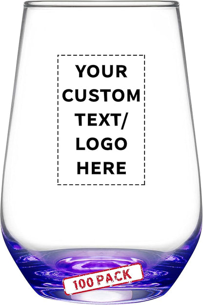DISCOUNT PROMOS 100 Vaso Silicia Stemless Wine Glasses Set, 16 oz. - Personalized Text, Logo - Clear, Orb-Like, Thick base - Purple